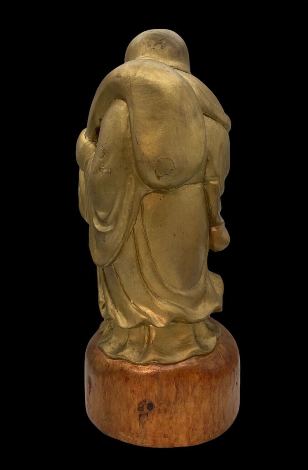 Antique Japanese Wooden Hotei with Gilt-Coloured Finish, Early Shōwa Period