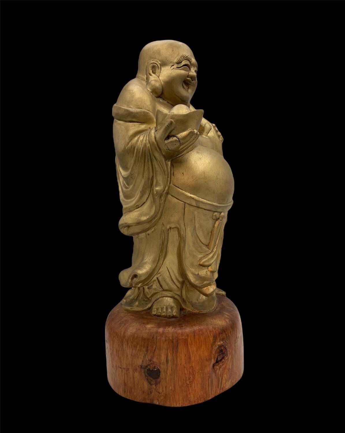 Antique Japanese Wooden Hotei with Gilt-Coloured Finish, Early Shōwa Period