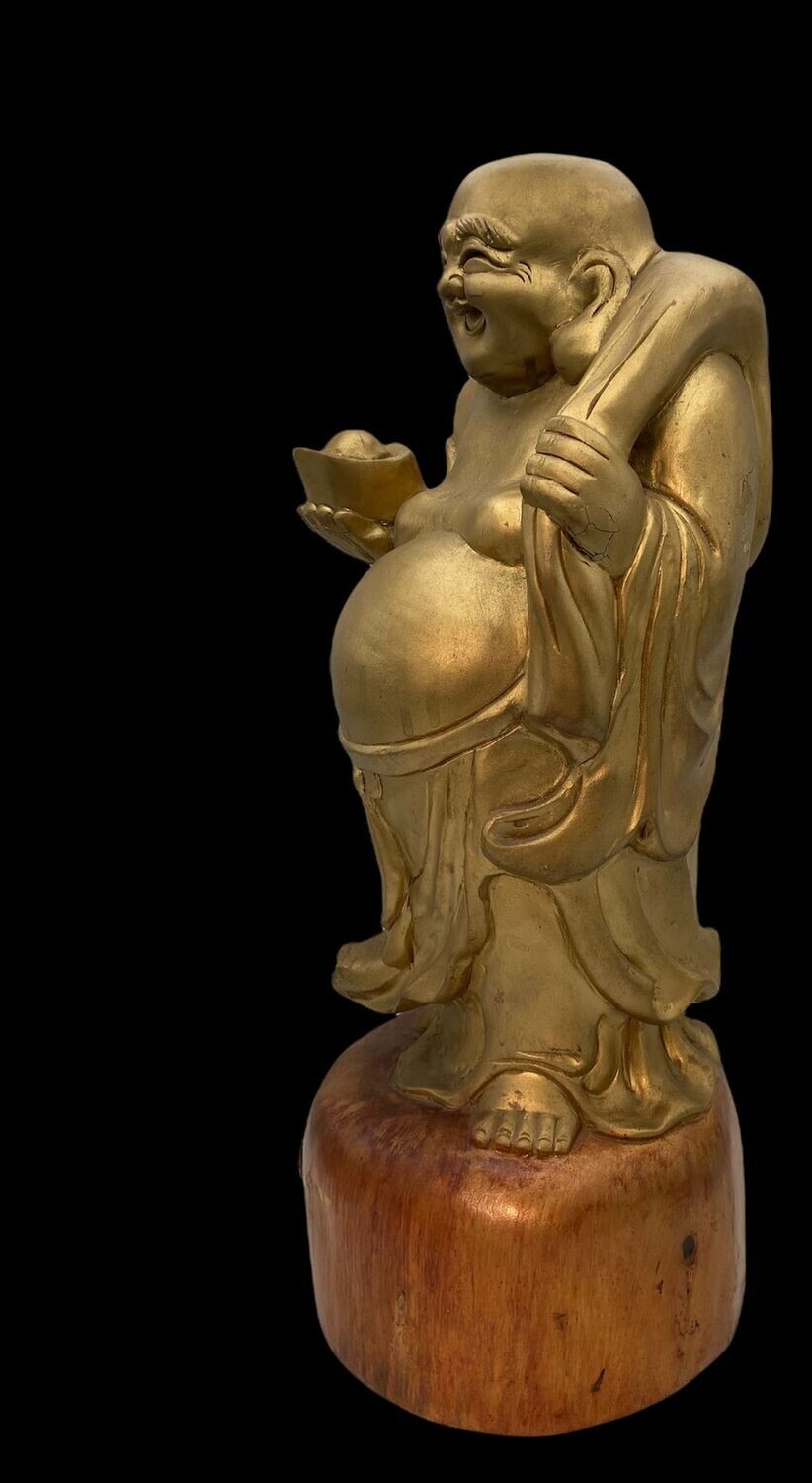 Antique Japanese Wooden Hotei with Gilt-Coloured Finish, Early Shōwa Period