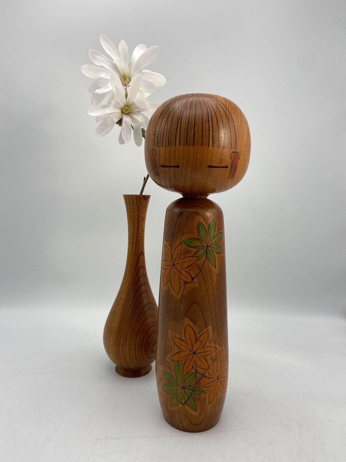 Vintage Sōsaku Kokeshi with Maple Leaves by Masami Katō, ca. 1960–1980