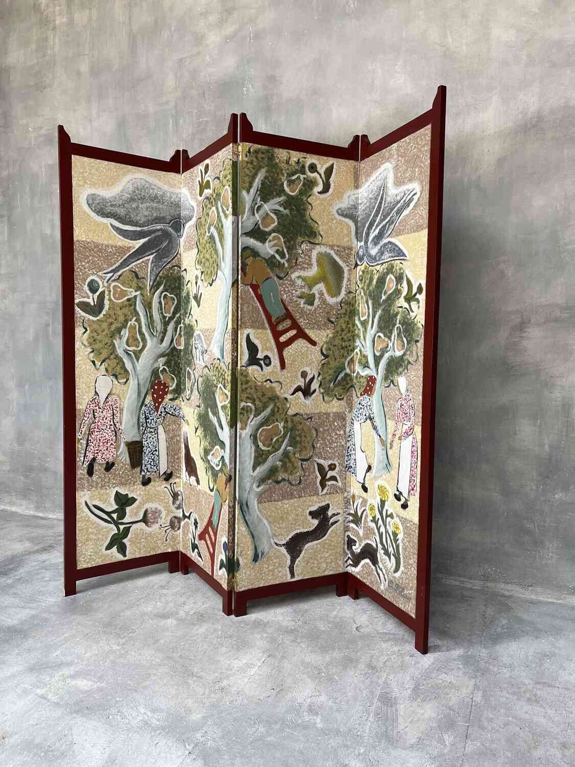 Handgeschilderde Vierdelige Paravent ‘Fruitoogst’ door Alice D’Haese, 1949–1950