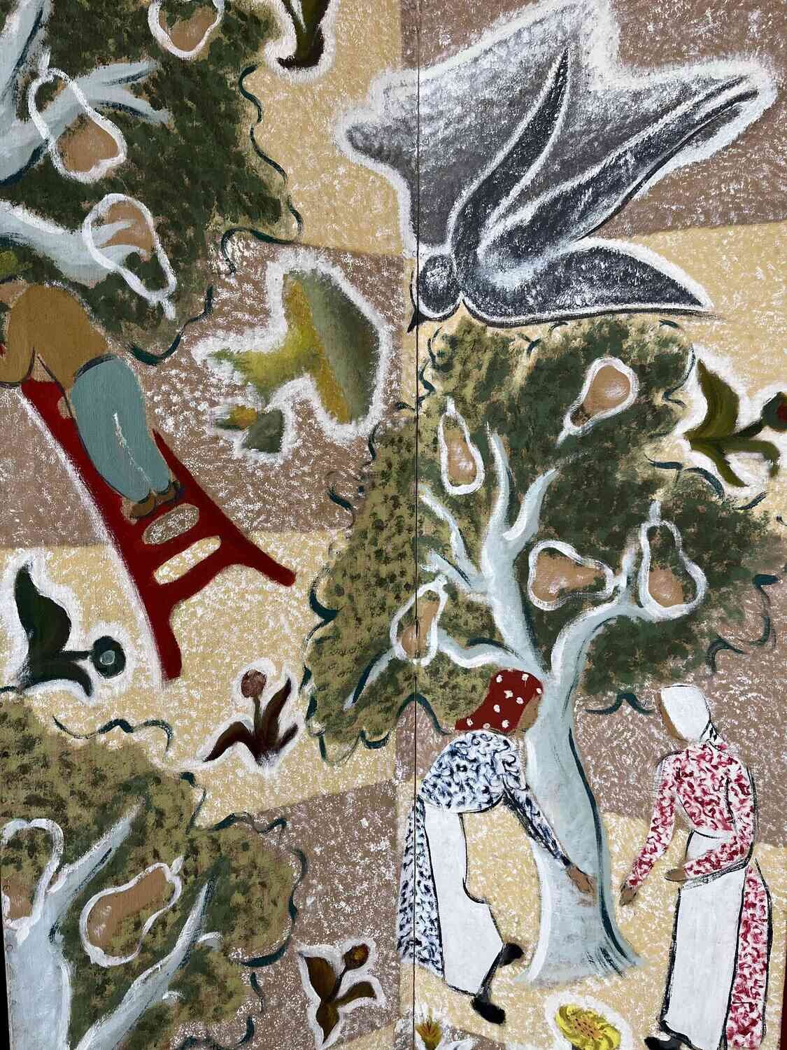 Handgeschilderde Vierdelige Paravent ‘Fruitoogst’ door Alice D’Haese, 1949–1950