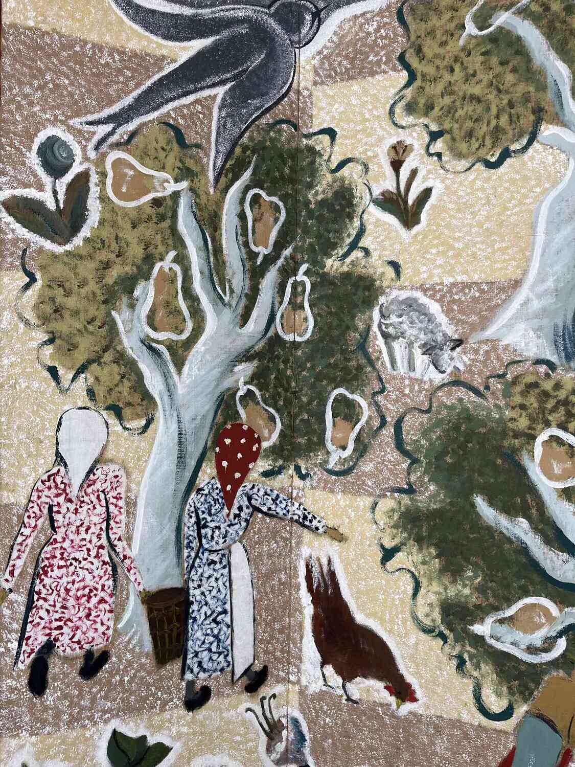 Handgeschilderde Vierdelige Paravent ‘Fruitoogst’ door Alice D’Haese, 1949–1950
