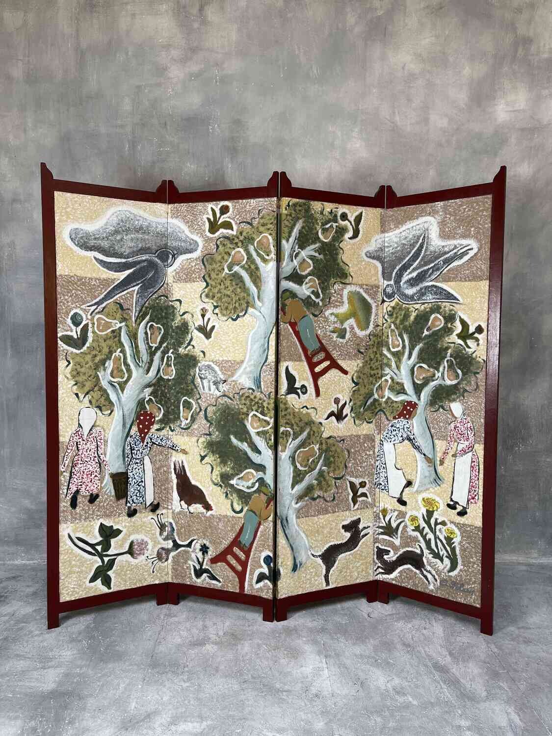Handgeschilderde Vierdelige Paravent ‘Fruitoogst’ door Alice D’Haese, 1949–1950