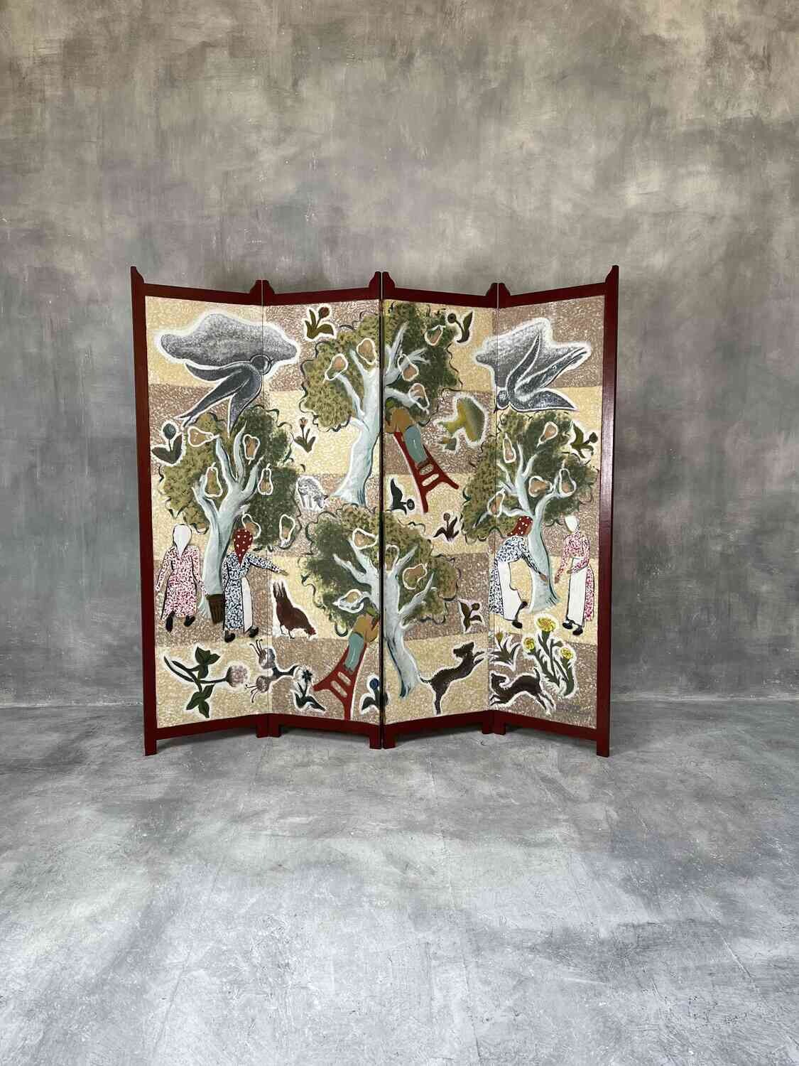 Handgeschilderde Vierdelige Paravent ‘Fruitoogst’ door Alice D’Haese, 1949–1950