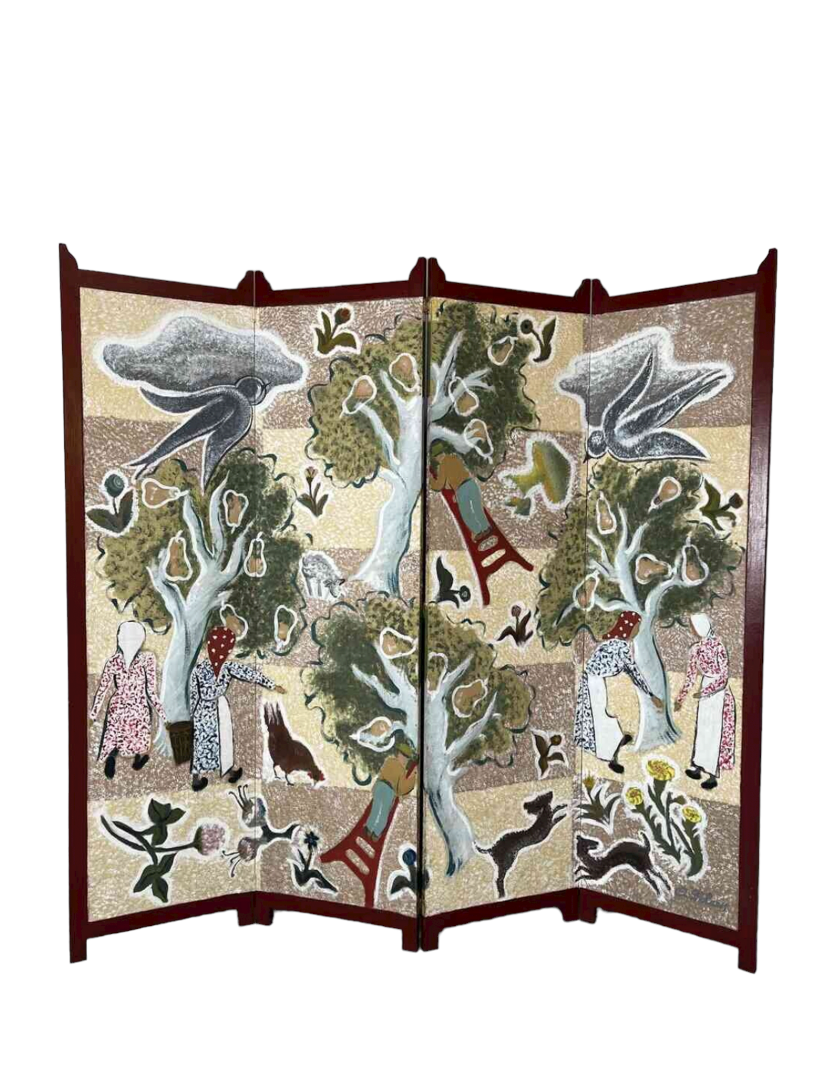 Handgeschilderde Vierdelige Paravent ‘Fruitoogst’ door Alice D’Haese, 1949–1950