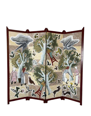 Handgeschilderde Vierdelige Paravent ‘Fruitoogst’ door Alice D’Haese, 1949–1950