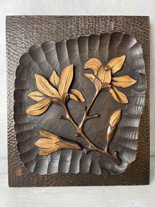 Japans Handgesneden Houten Wandpaneel met Magnolia, ca. 1950–1960