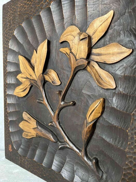 Japans Handgesneden Houten Wandpaneel met Magnolia, ca. 1950–1960