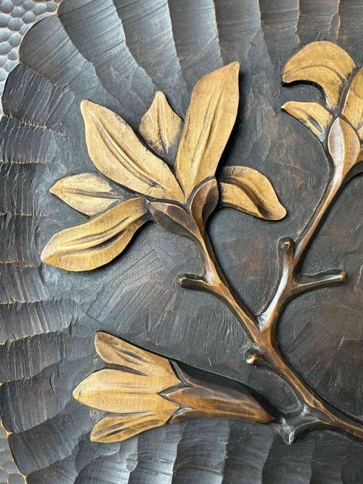 Japans Handgesneden Houten Wandpaneel met Magnolia, ca. 1950–1960