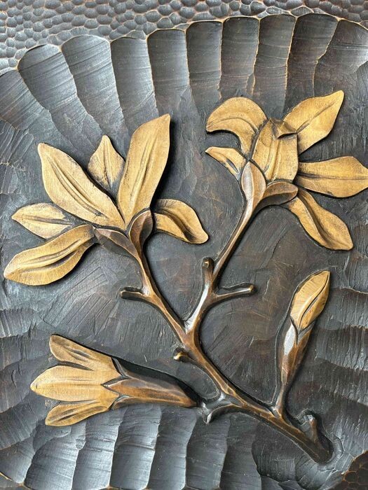 Japans Handgesneden Houten Wandpaneel met Magnolia, ca. 1950–1960