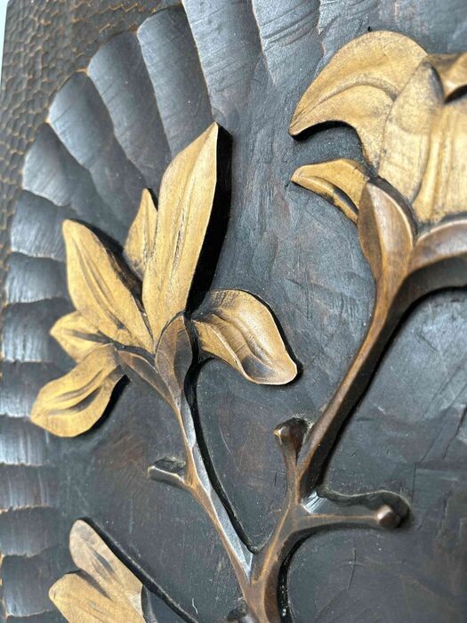 Japans Handgesneden Houten Wandpaneel met Magnolia, ca. 1950–1960
