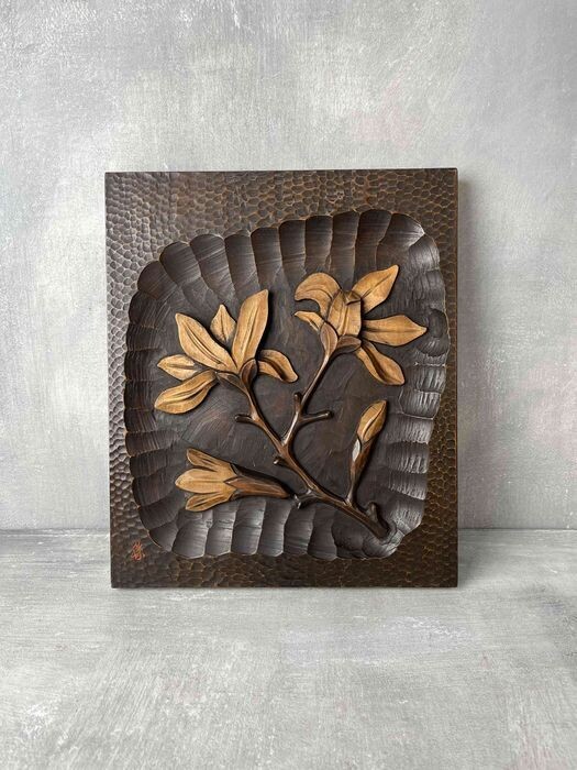Japans Handgesneden Houten Wandpaneel met Magnolia, ca. 1950–1960