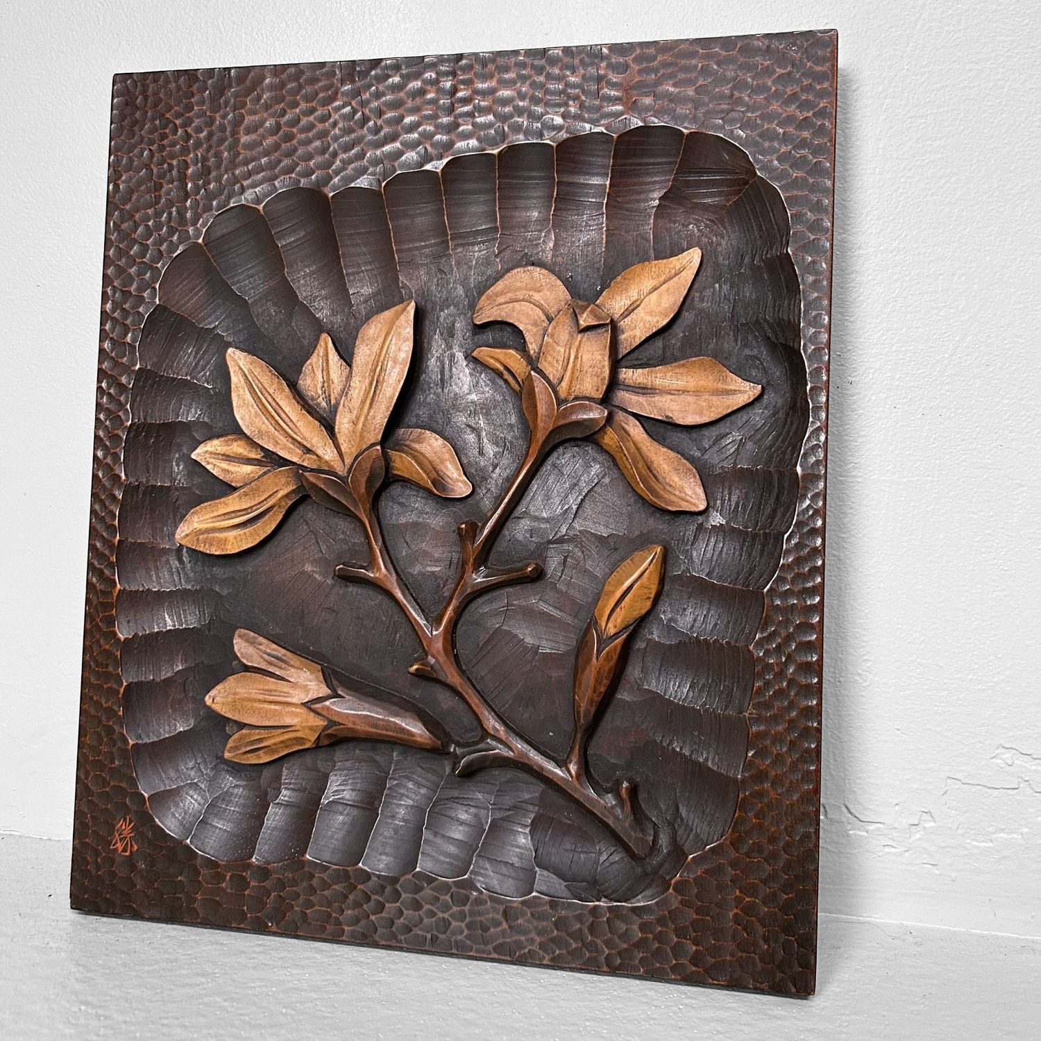 Japans Handgesneden Houten Wandpaneel met Magnolia, ca. 1950–1960