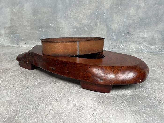 Antique Low Japanese Wood and Copper Hibachi, Meiji Period, 1868–1912