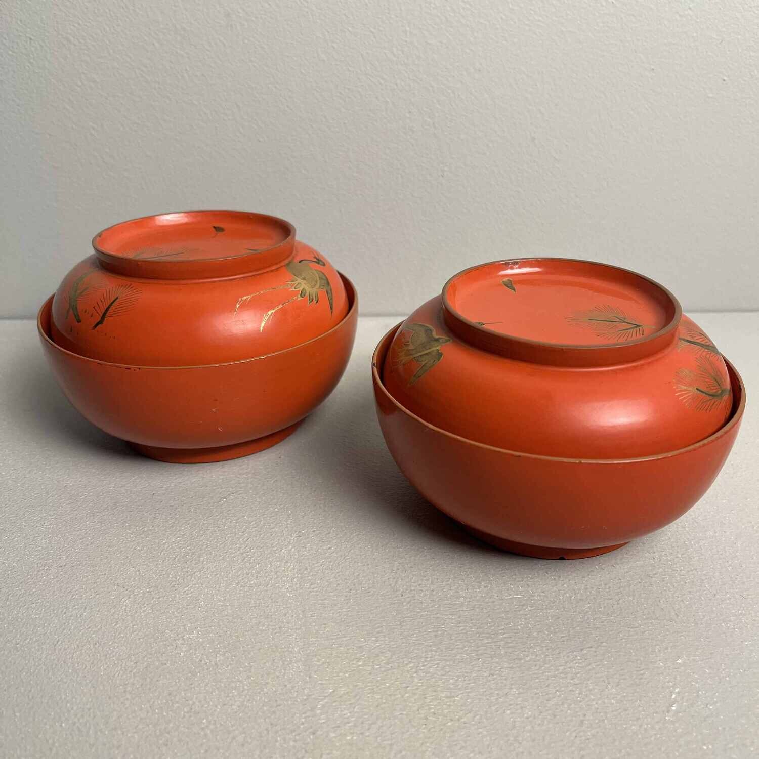 'Kraanvogel' Urushi Maki-e Set Rijstkommen Japan (1868-1912)