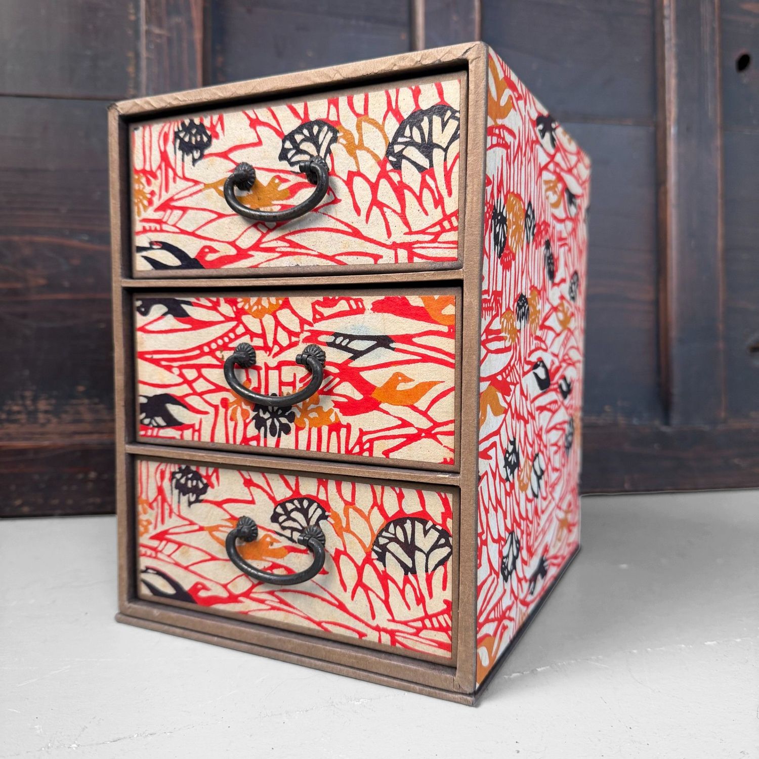Vintage Japanese Mini Chest of Drawers, Decorative Paper, 1950s
