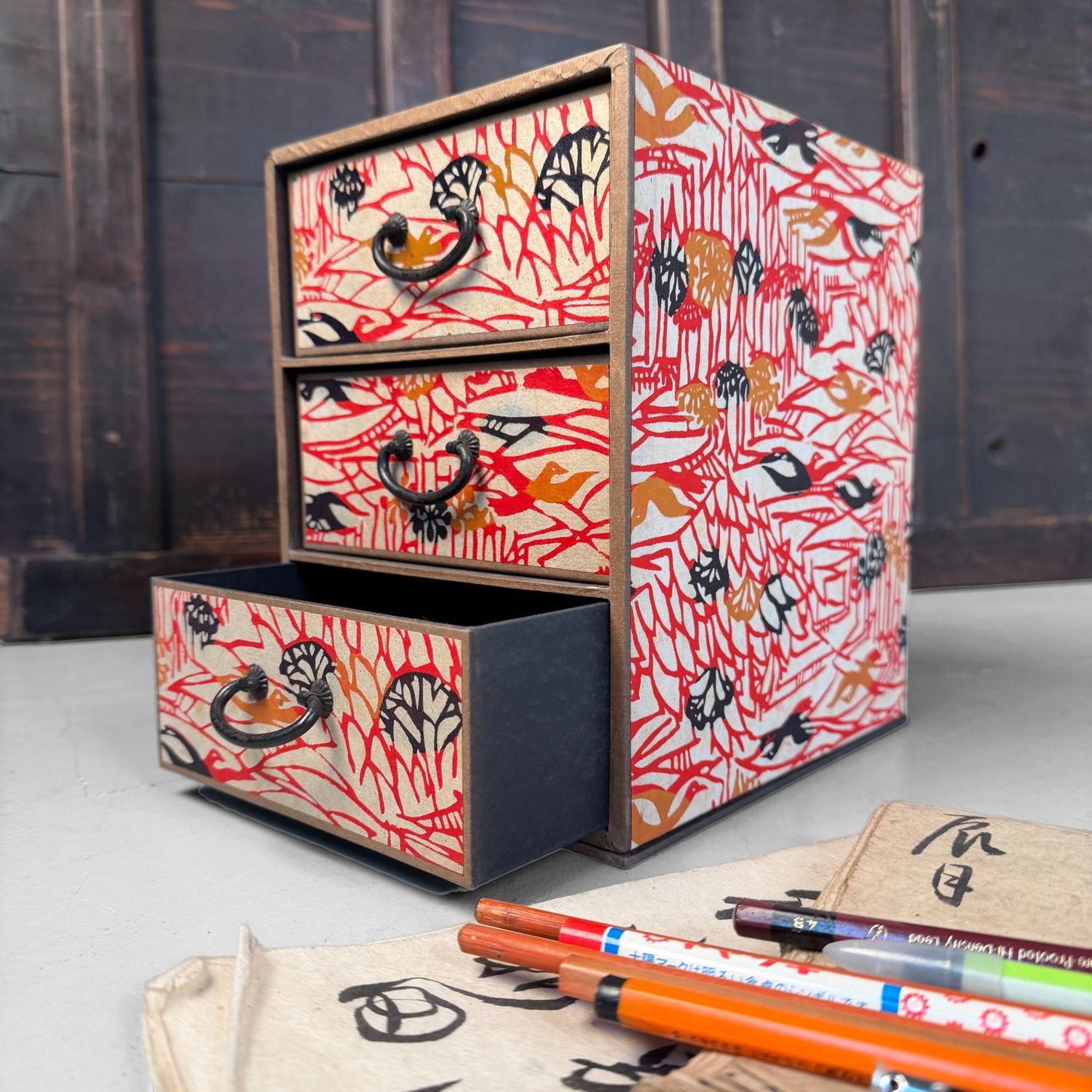 Vintage Japans Ladekastje, Decoratief Papier, 1950s