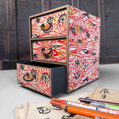 Vintage Japanese Mini Chest of Drawers, Decorative Paper, 1950s