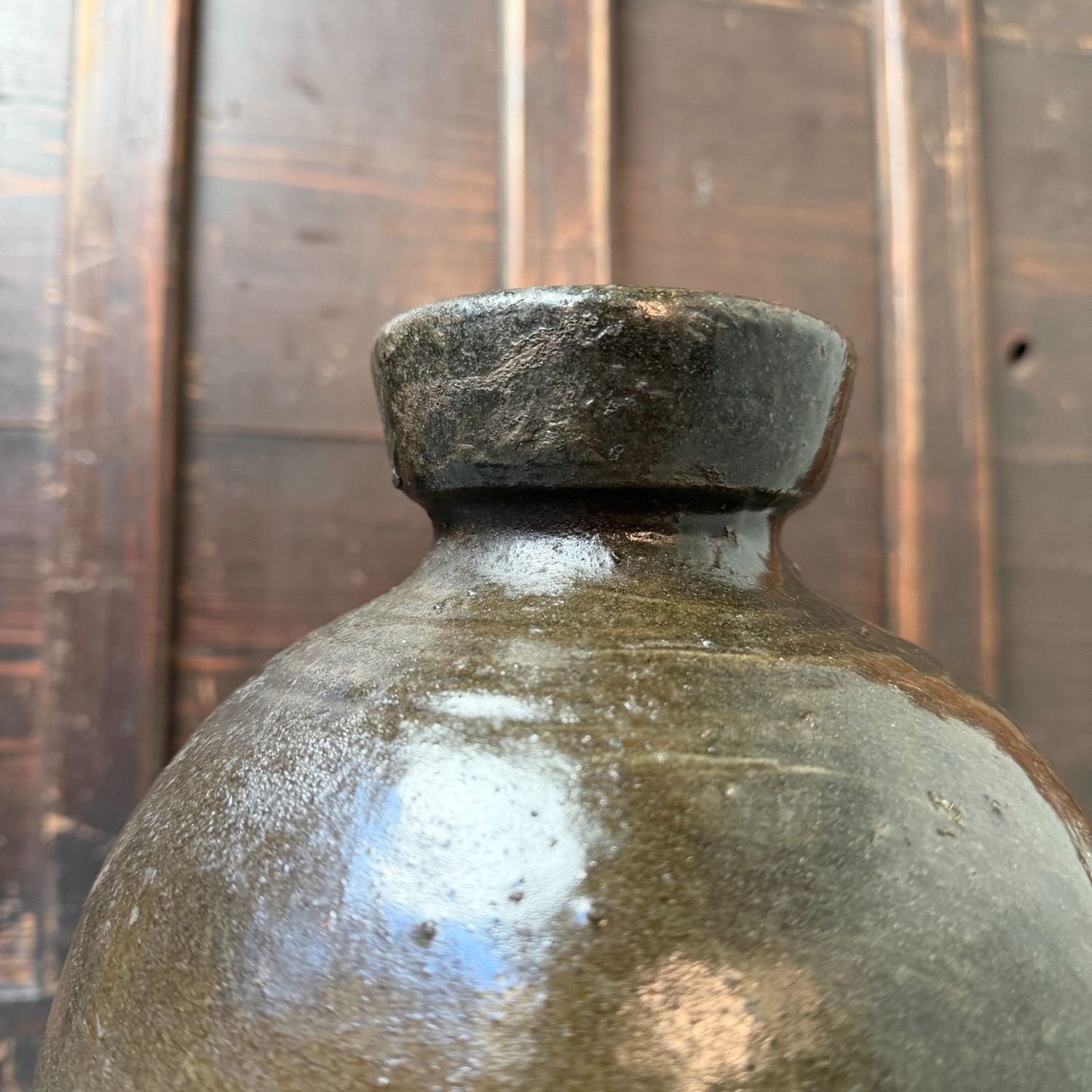 Japanse Tsubo Voorraadpot, Donker Geglazuurd Aardewerk, 1890s