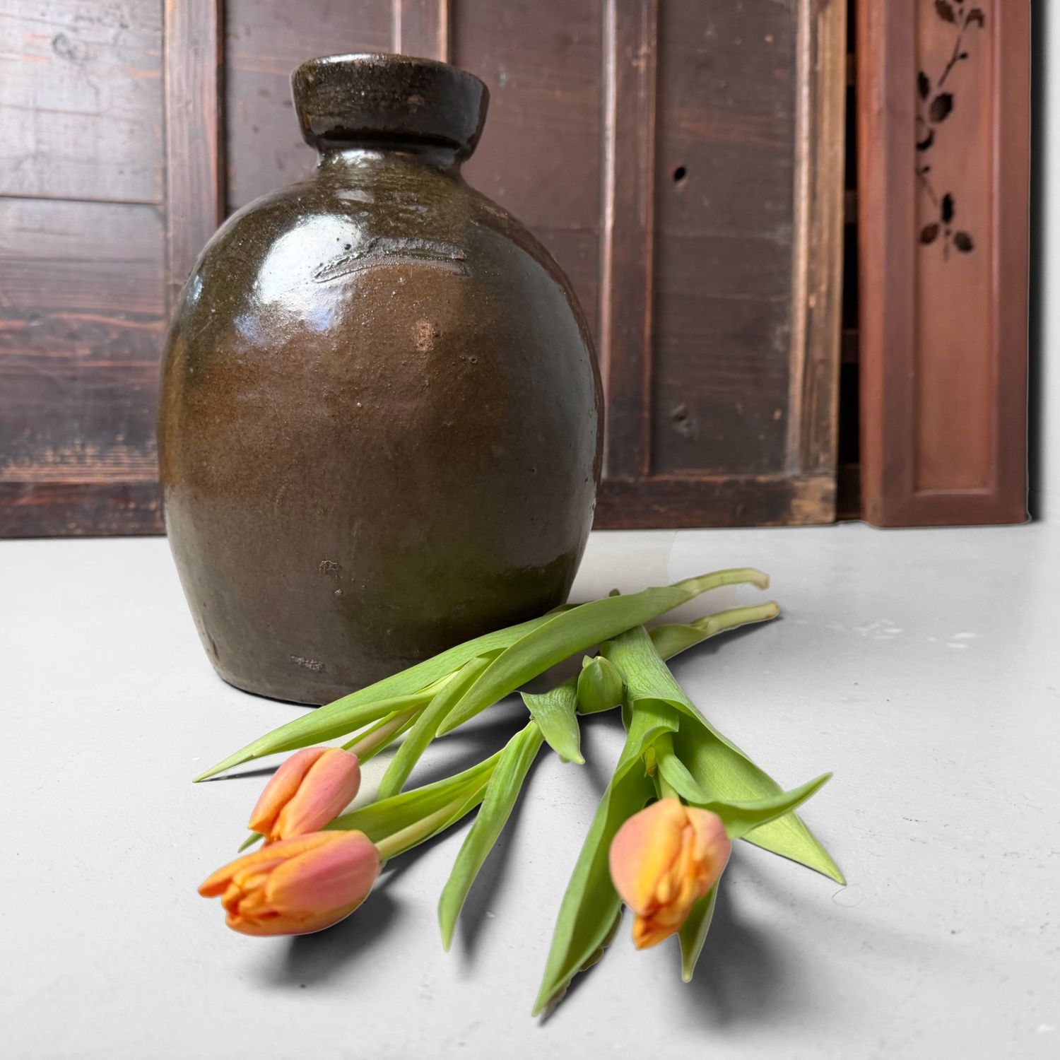 Japanse Tsubo Voorraadpot, Donker Geglazuurd Aardewerk, 1890s