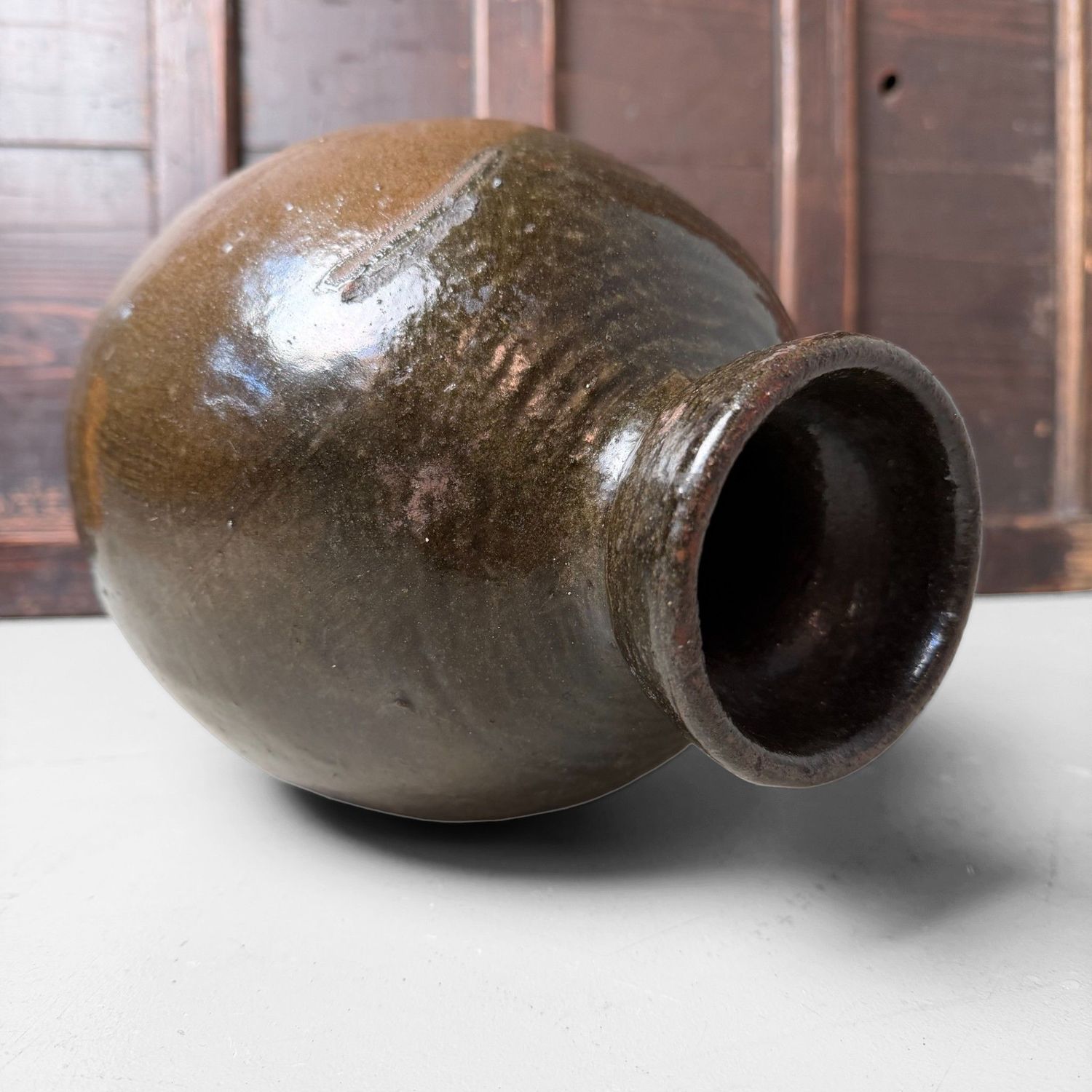 Japanse Tsubo Voorraadpot, Donker Geglazuurd Aardewerk, 1890s