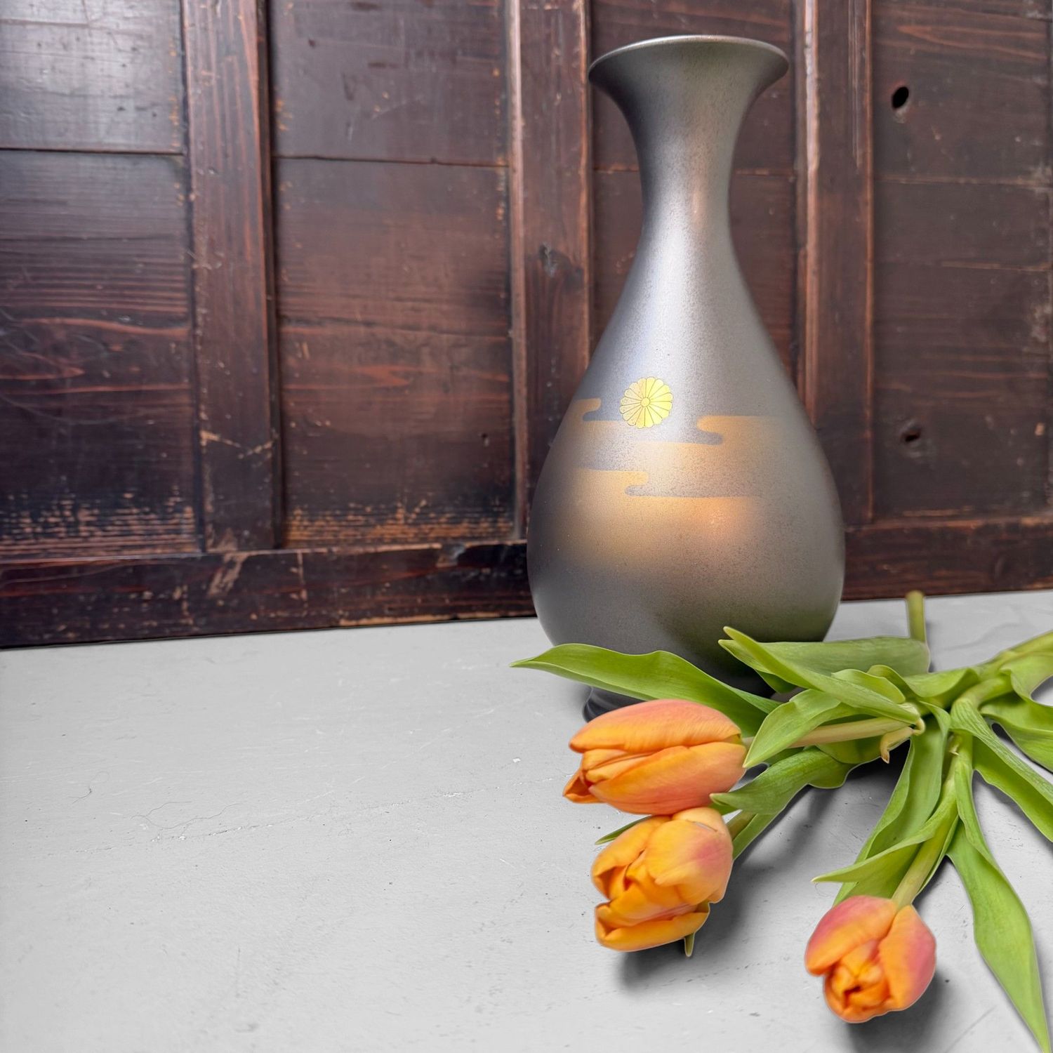 Japanese Metal Vase from Takaoka, Chrysanthemum Motif, 1970s