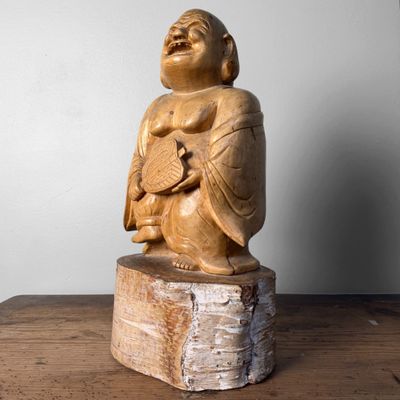 Japanese Hotei, Laughing Buddha, Carved from Solid Birch Wood, 1950s