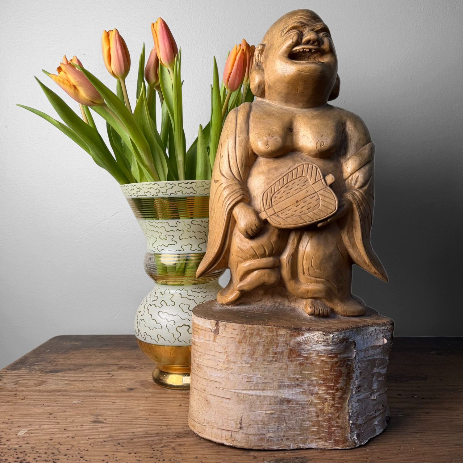 Japanese Hotei, Laughing Buddha, Carved from Solid Birch Wood, 1950s