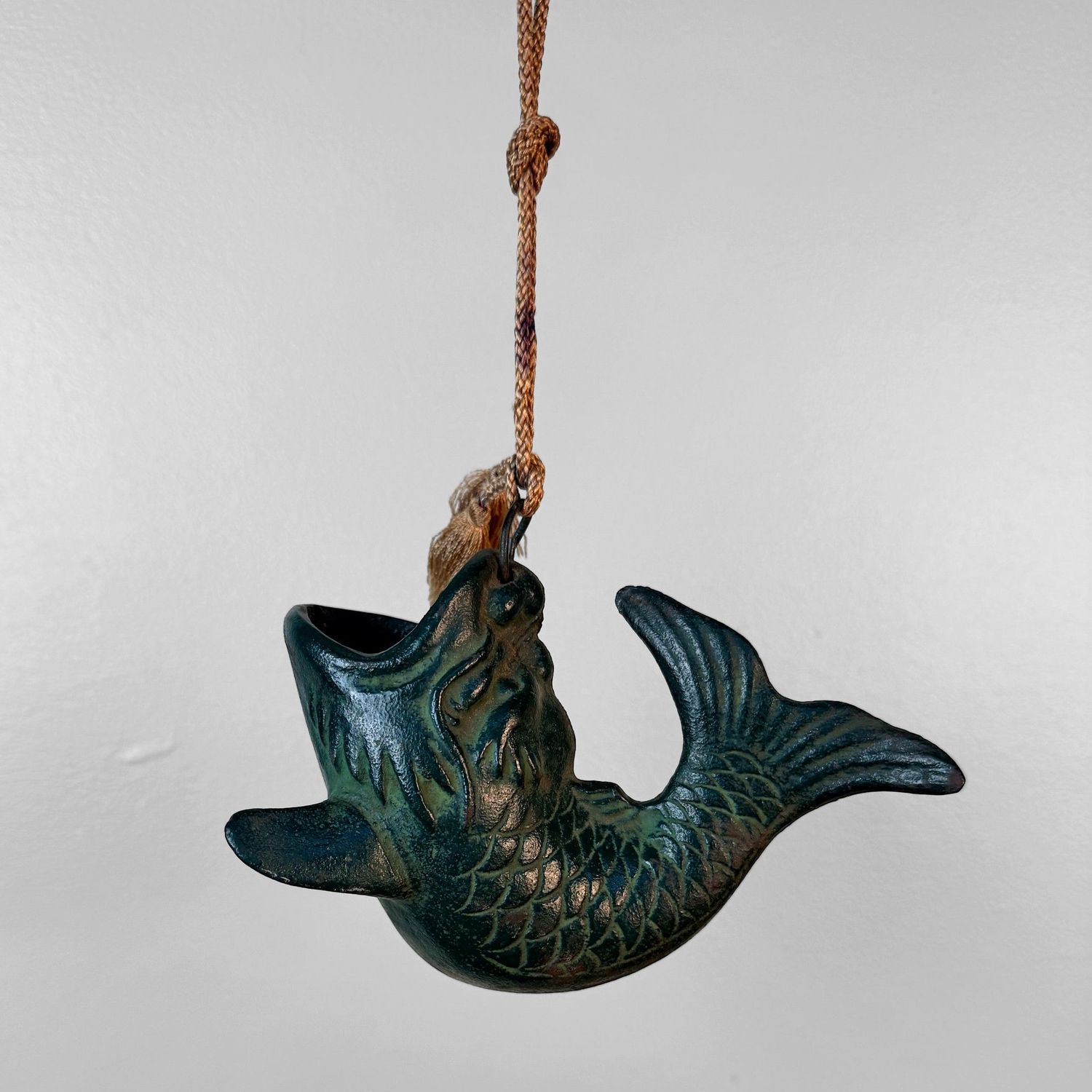 Small Japanese Hanging Ikebana Vase in Fish Form, Patinated Bronze, 1950s