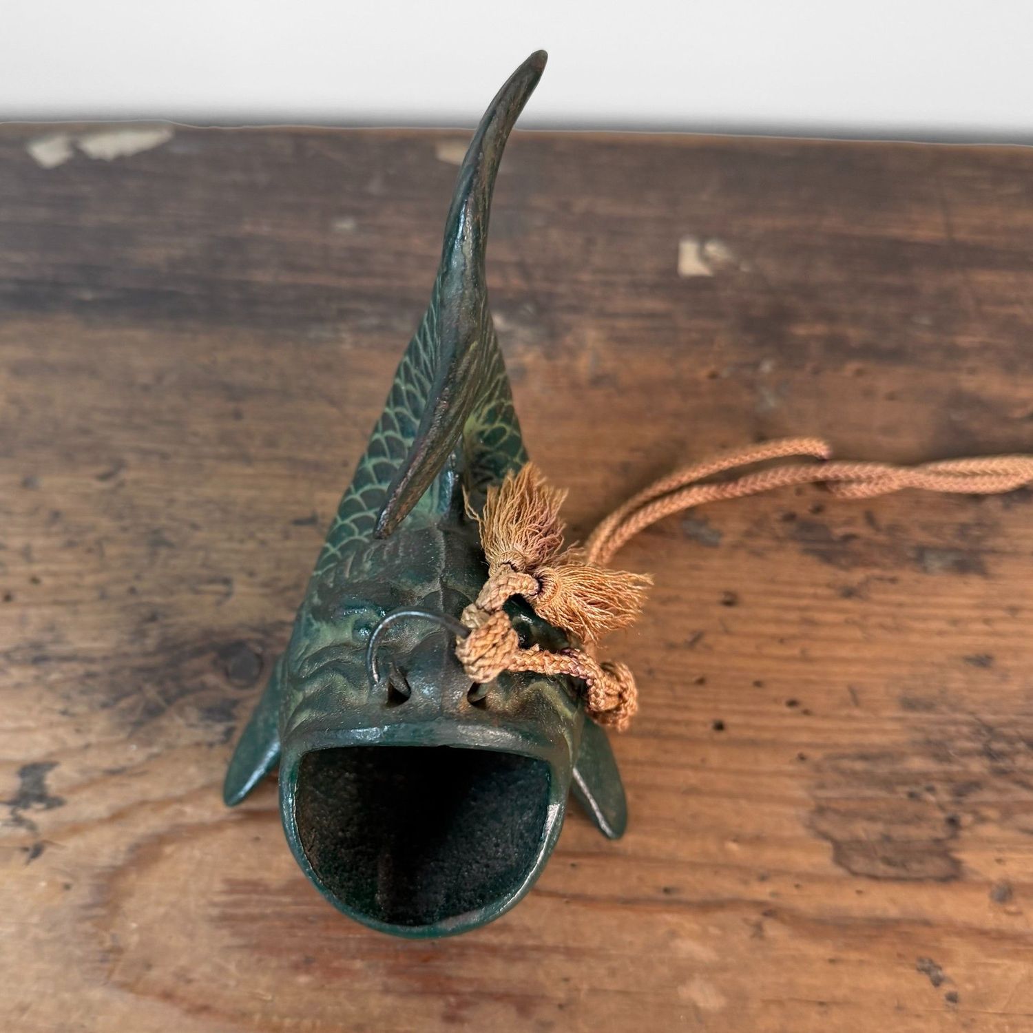 Small Japanese Hanging Ikebana Vase in Fish Form, Patinated Bronze, 1950s