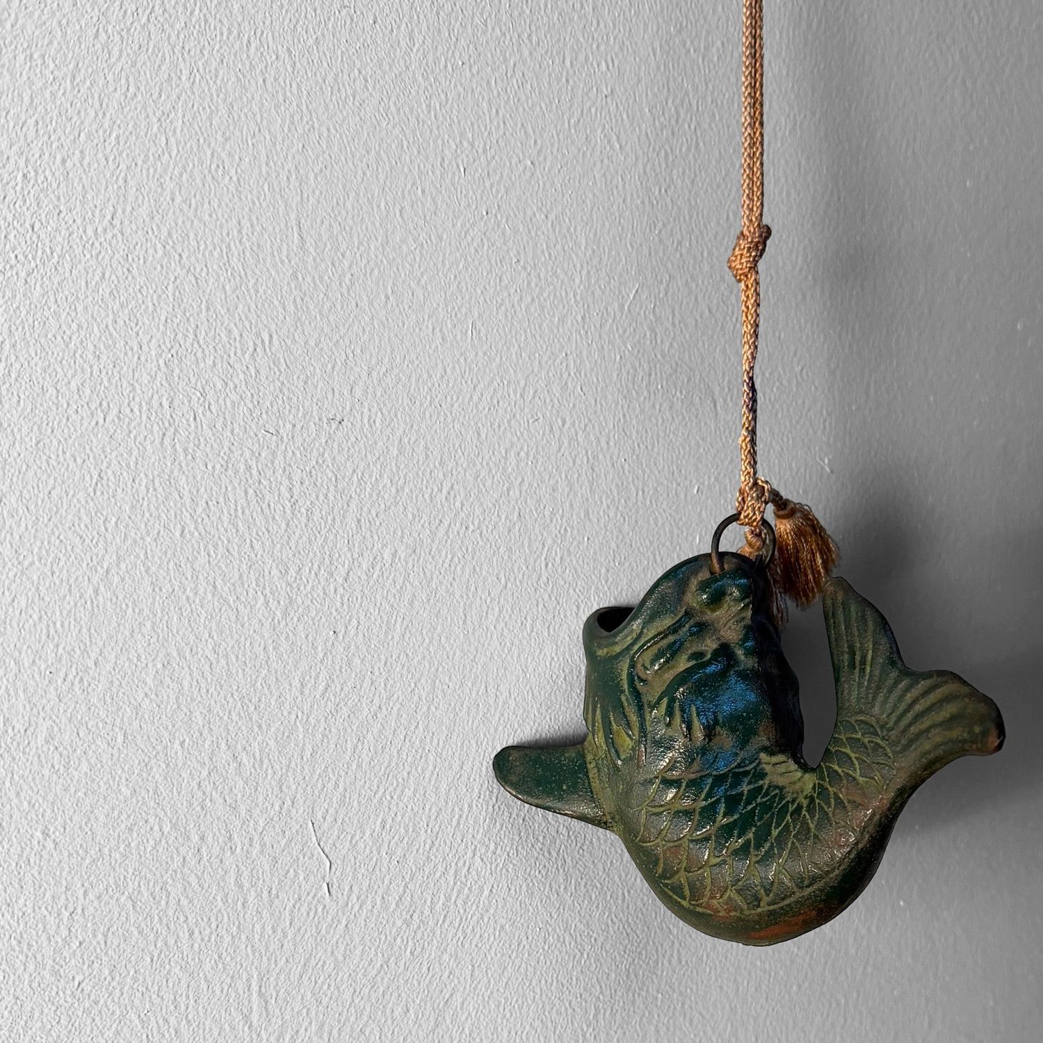Small Japanese Hanging Ikebana Vase in Fish Form, Patinated Bronze, 1950s
