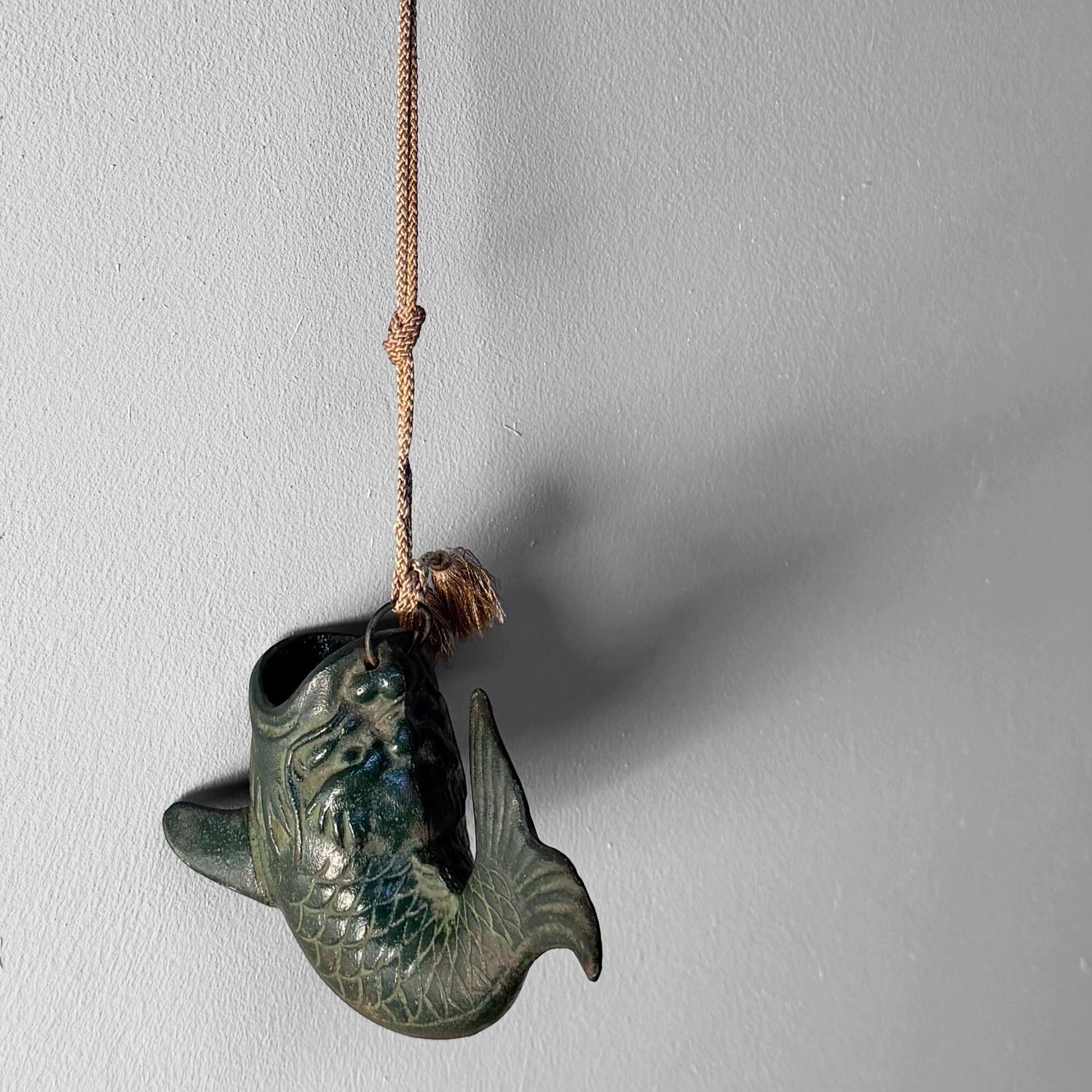 Small Japanese Hanging Ikebana Vase in Fish Form, Patinated Bronze, 1950s