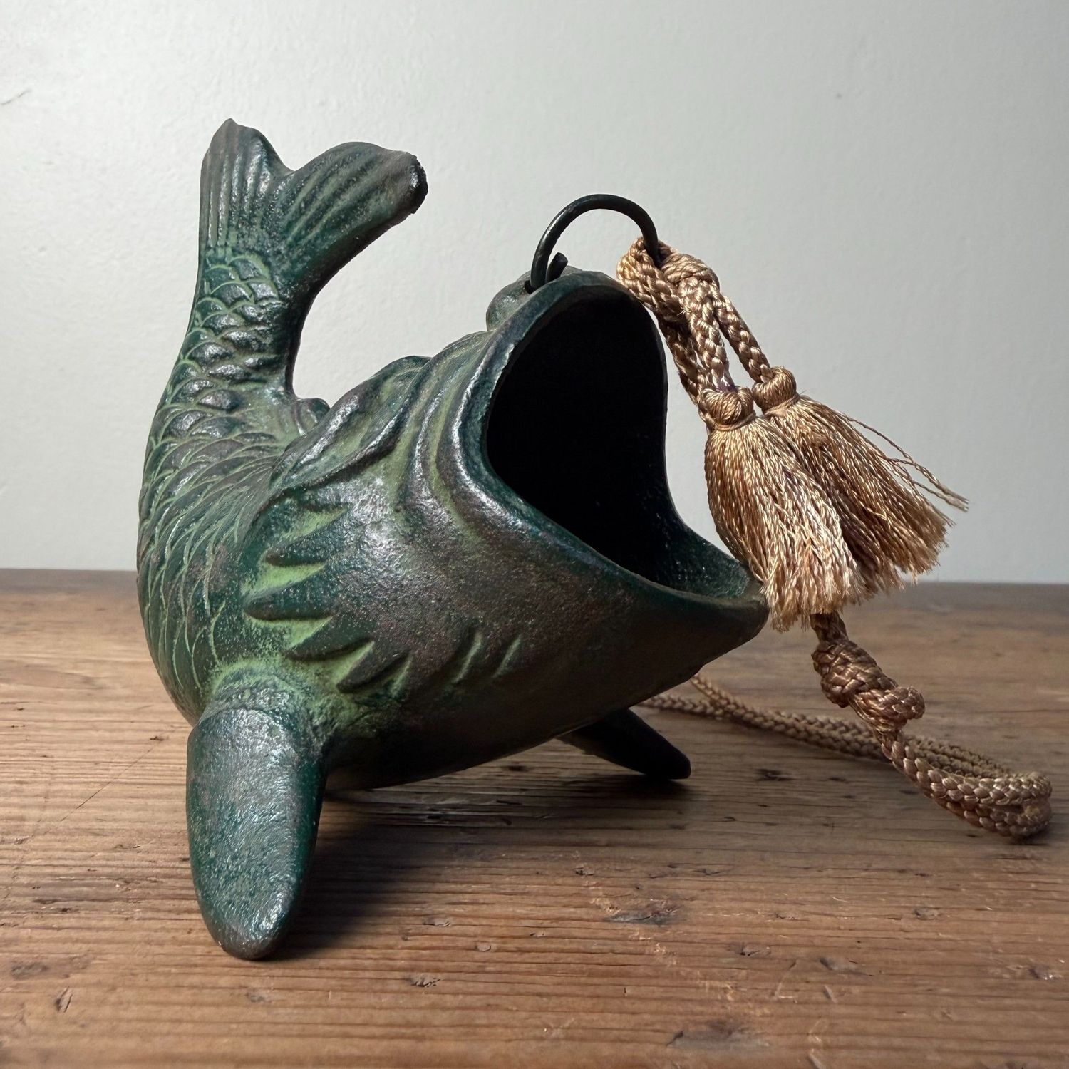 Small Japanese Hanging Ikebana Vase in Fish Form, Patinated Bronze, 1950s