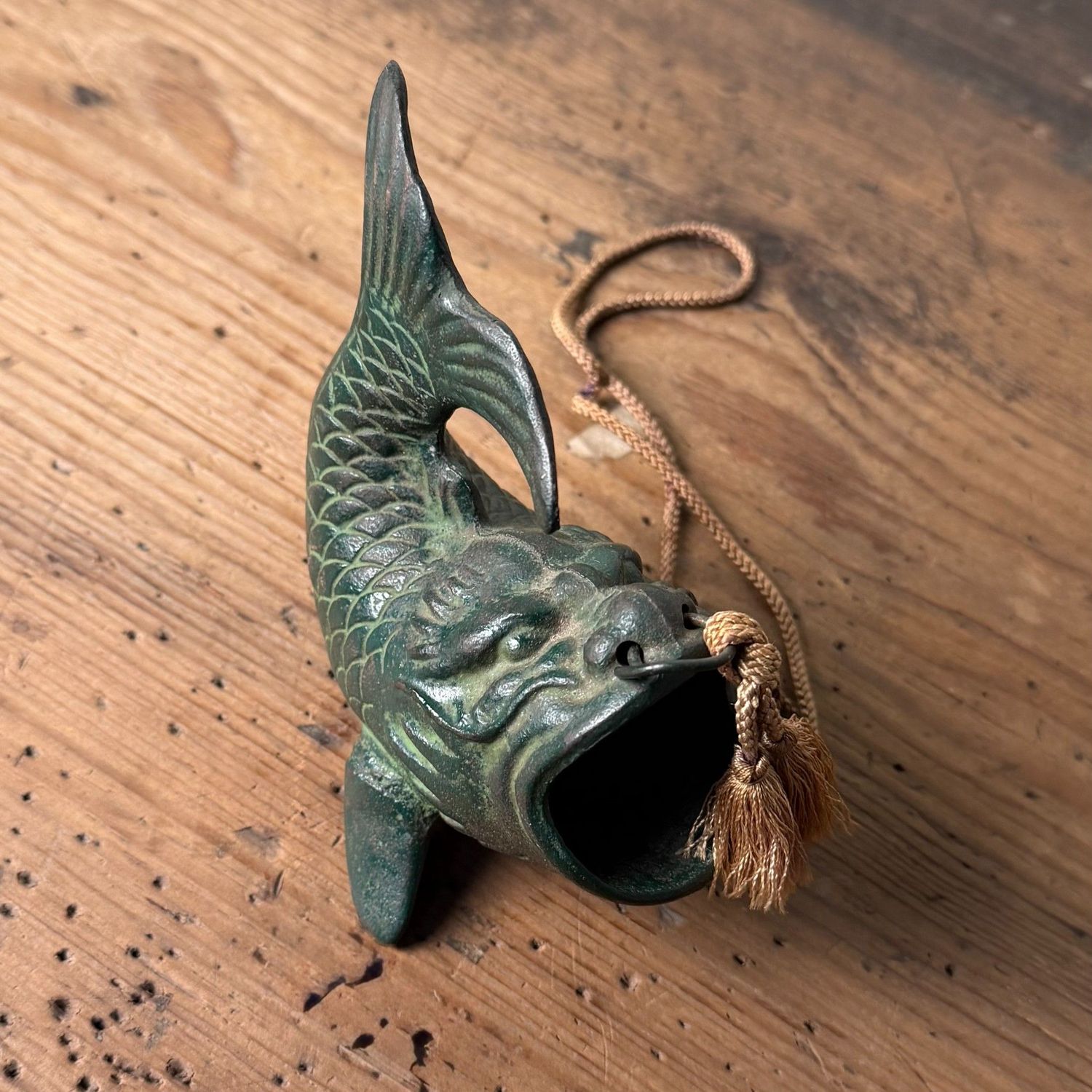 Small Japanese Hanging Ikebana Vase in Fish Form, Patinated Bronze, 1950s