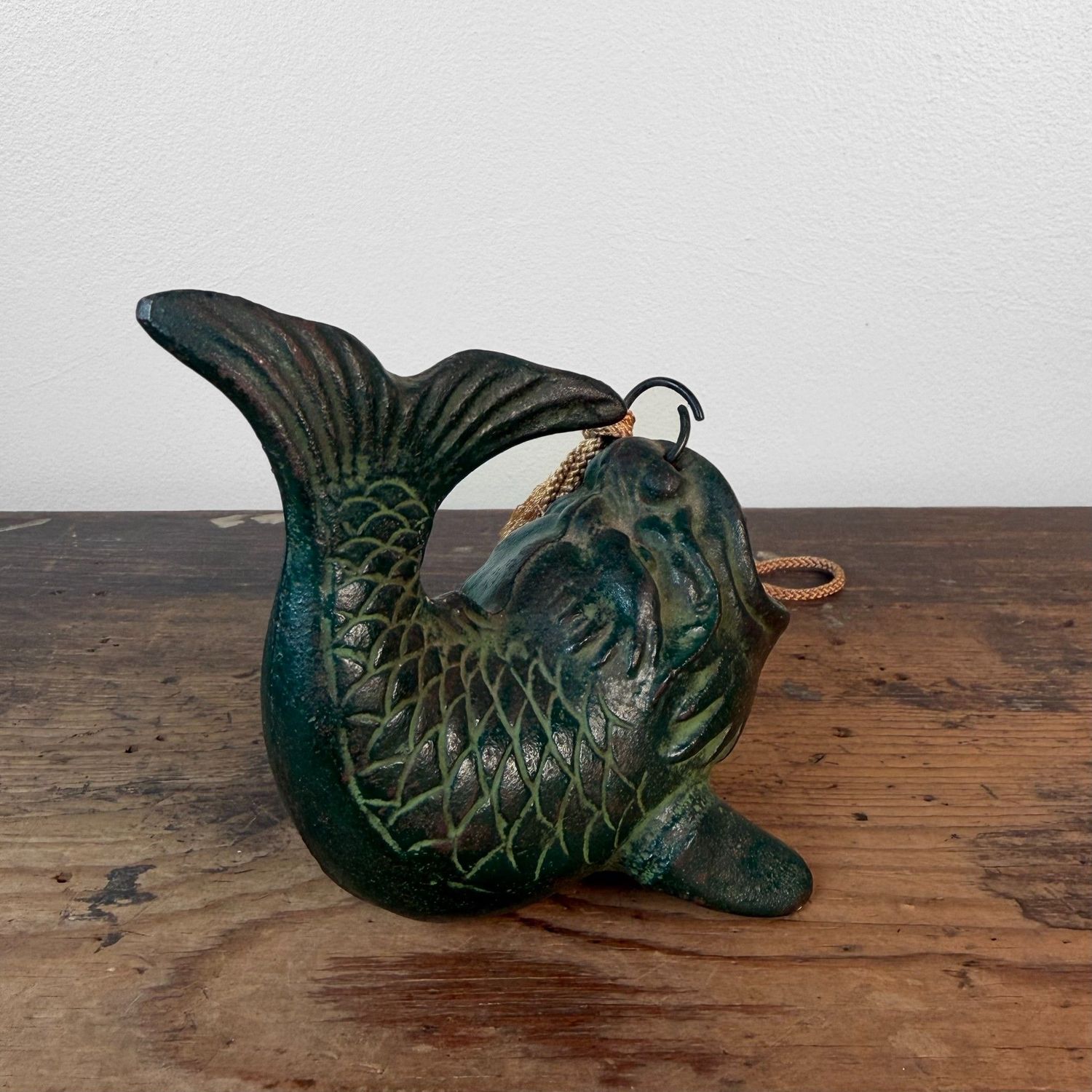 Small Japanese Hanging Ikebana Vase in Fish Form, Patinated Bronze, 1950s
