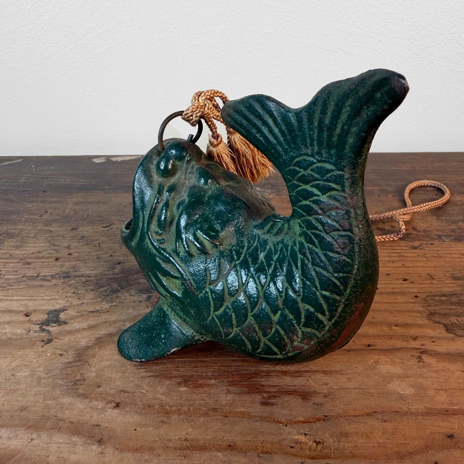Small Japanese Hanging Ikebana Vase in Fish Form, Patinated Bronze, 1950s