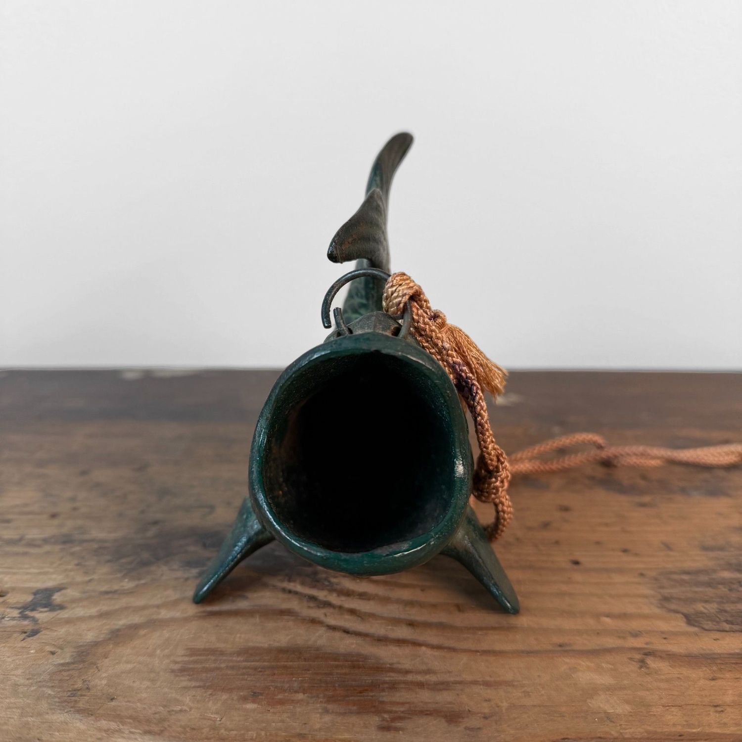Small Japanese Hanging Ikebana Vase in Fish Form, Patinated Bronze, 1950s