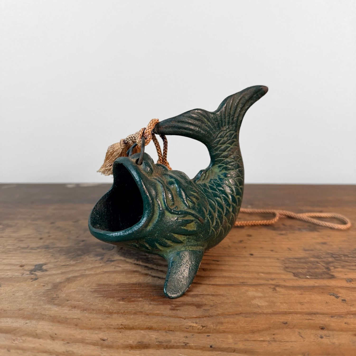 Small Japanese Hanging Ikebana Vase in Fish Form, Patinated Bronze, 1950s