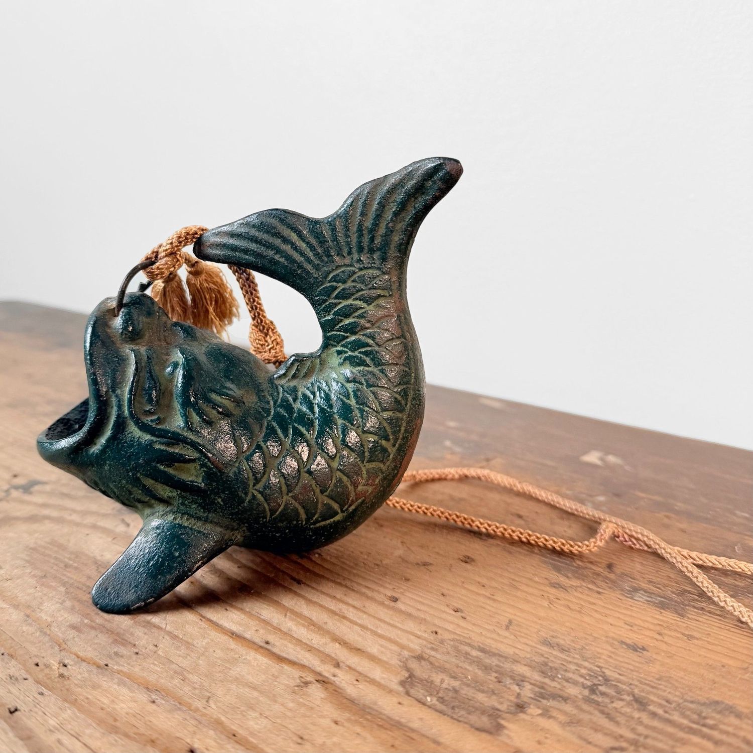 Small Japanese Hanging Ikebana Vase in Fish Form, Patinated Bronze, 1950s