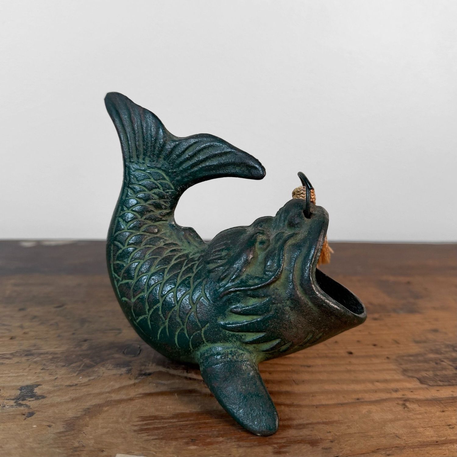 Small Japanese Hanging Ikebana Vase in Fish Form, Patinated Bronze, 1950s
