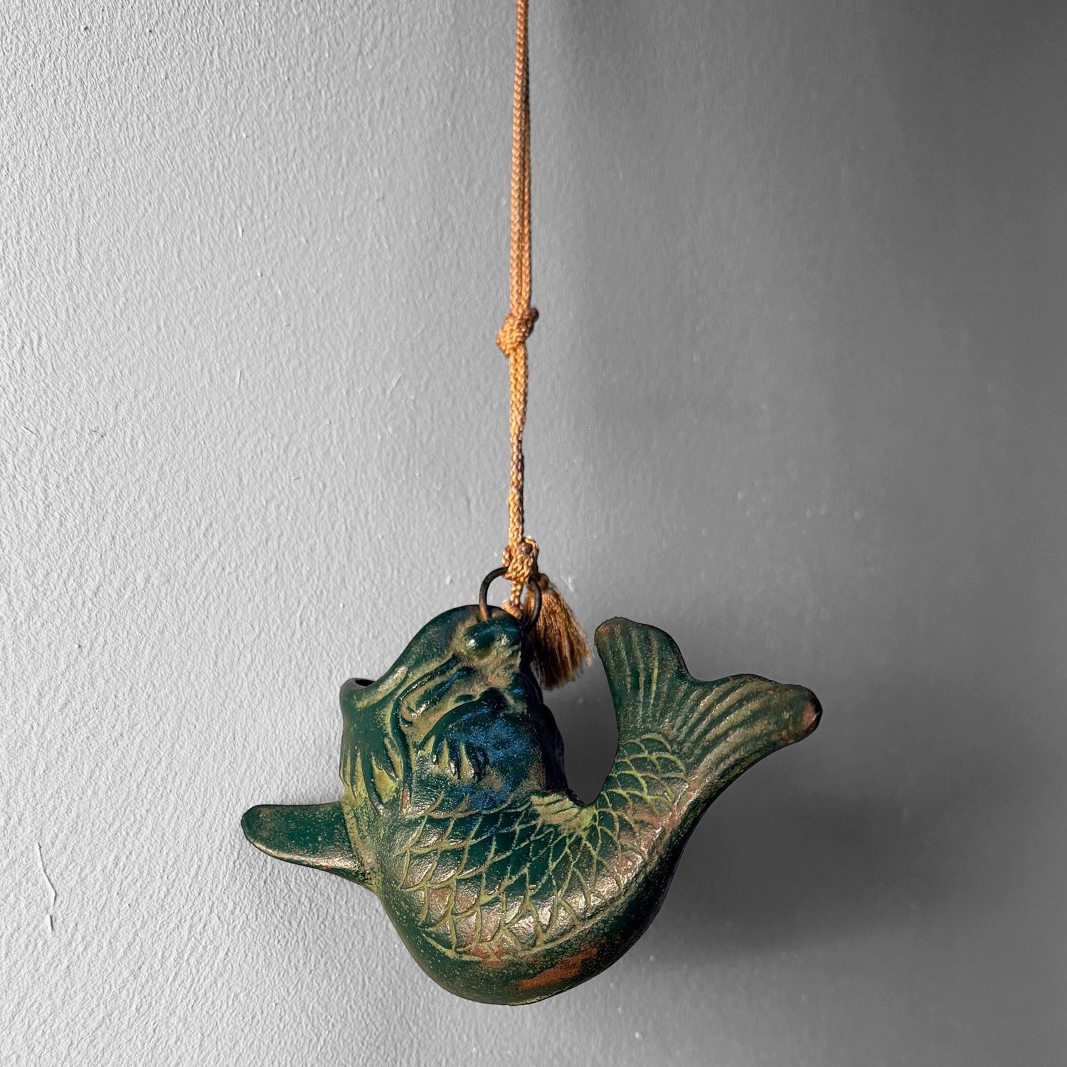 Small Japanese Hanging Ikebana Vase in Fish Form, Patinated Bronze, 1950s