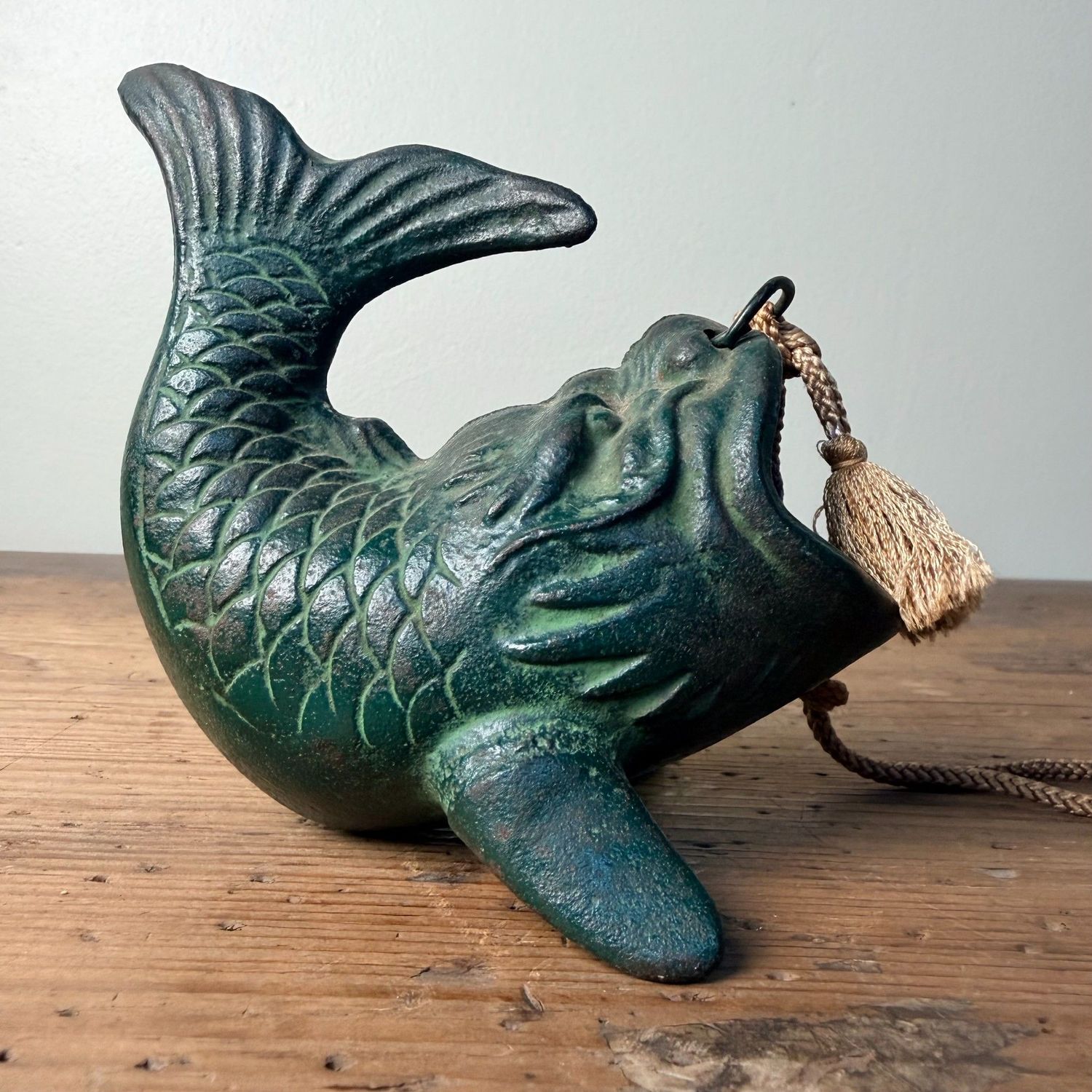Small Japanese Hanging Ikebana Vase in Fish Form, Patinated Bronze, 1950s