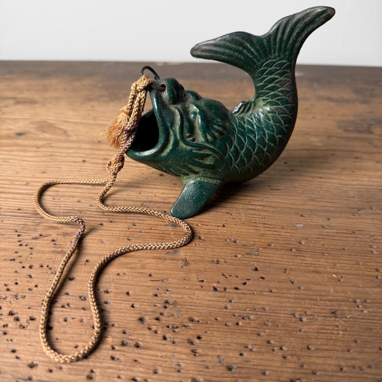 Small Japanese Hanging Ikebana Vase in Fish Form, Patinated Bronze, 1950s