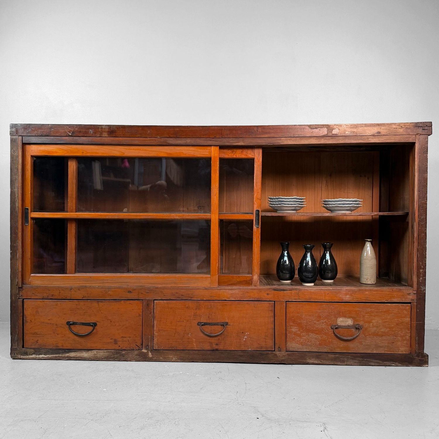 Antique Japanese Shop Counter, Glass Display Cabinet with Drawers, 1920s