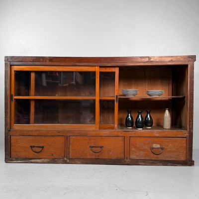 Antique Japanese Shop Counter, Glass Display Cabinet with Drawers, 1920s