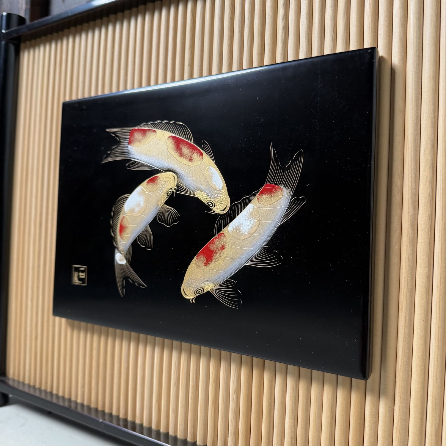 Wajima Lacquer Panel with Koi, Decorative Interior Object, 1970s