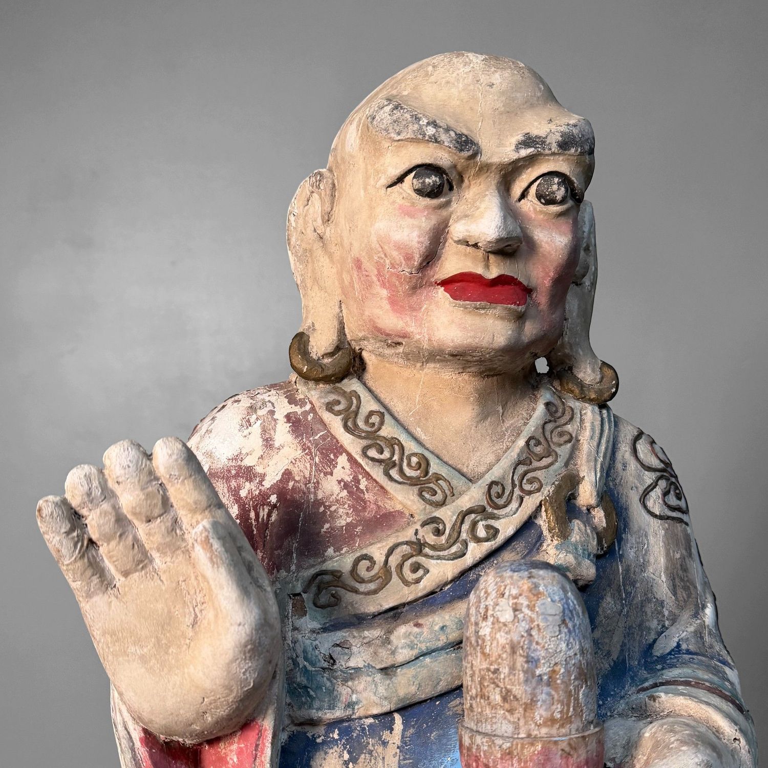 Grote Polychrome Tempelfiguren in Hout op Lotusvoet, Korea, 19e eeuw