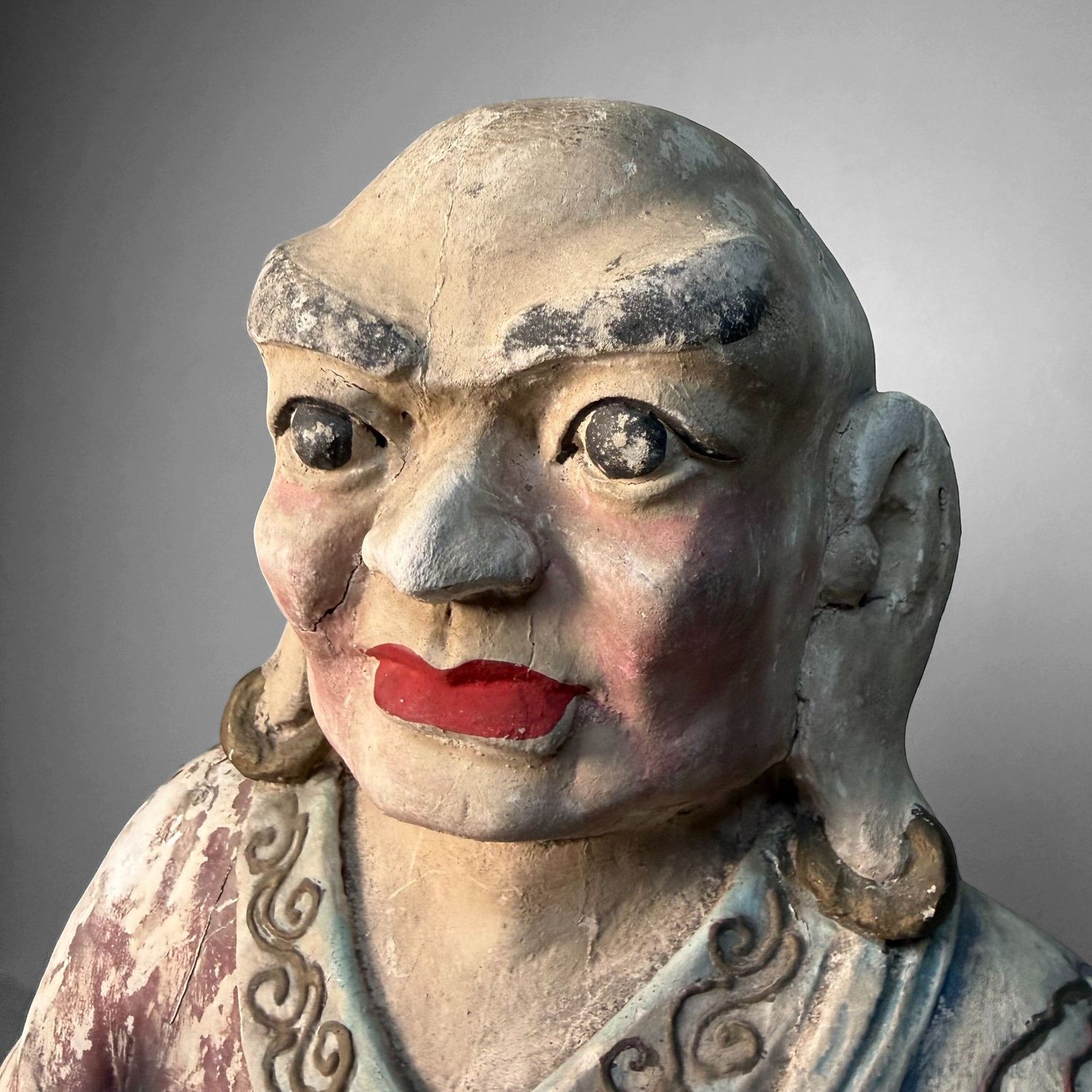 Grote Polychrome Tempelfiguren in Hout op Lotusvoet, Korea, 19e eeuw