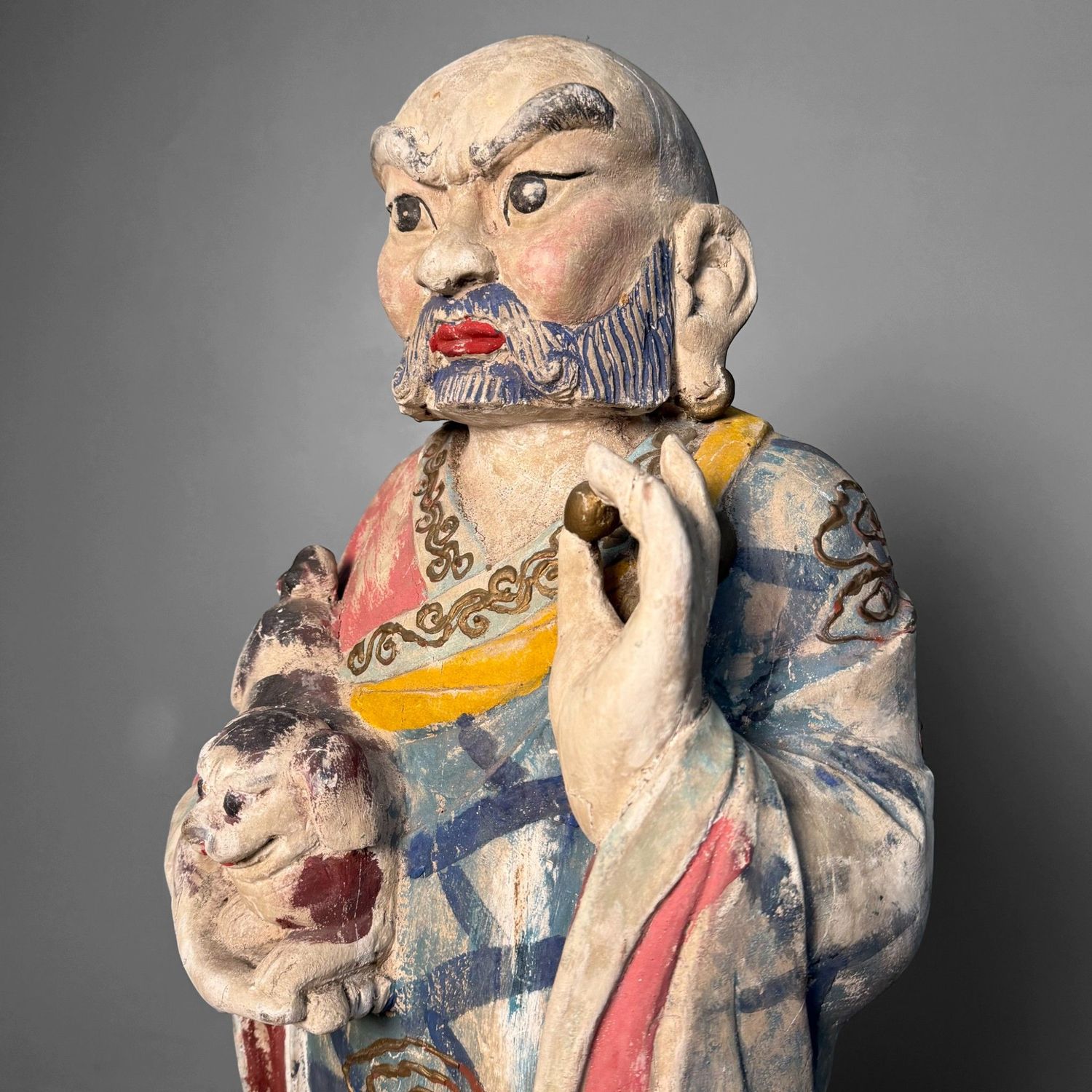 Grote Polychrome Tempelfiguren in Hout op Lotusvoet, Korea, 19e eeuw